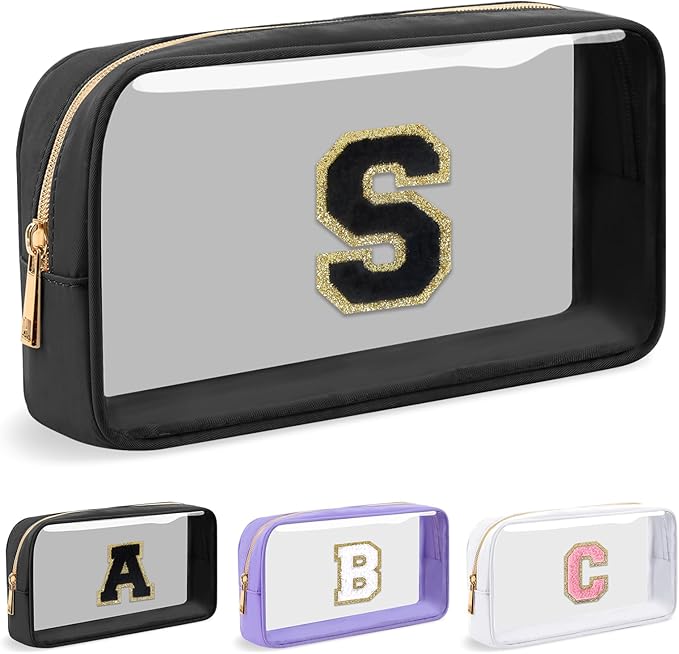 Personalized Initial Letter Clear Makeup Bag,Preppy Small Nylon&PVC Cosmetic Zipper Bag with Chenille Letter,Travel Skincare Toiletry Bag,Monogram Christmas Gift for Teen Girls Women,S