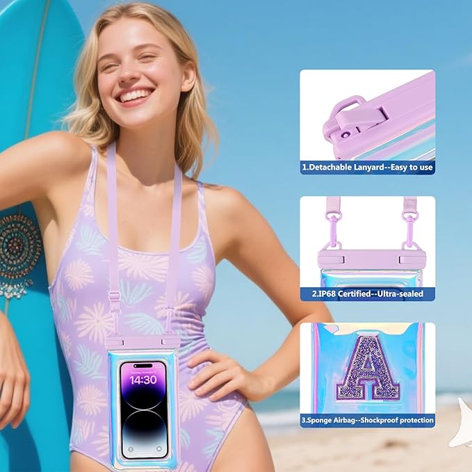 Waterproof Phone Pouch Floating, IPX68 Waterproof Phone Case with Lanyard for iPhone 16 15 14 13 12 Pro Max Samsung S25 S24 S23 S22, Up to 7 Inch, Beach Vacation Essentials, Sparkling Purple Letter