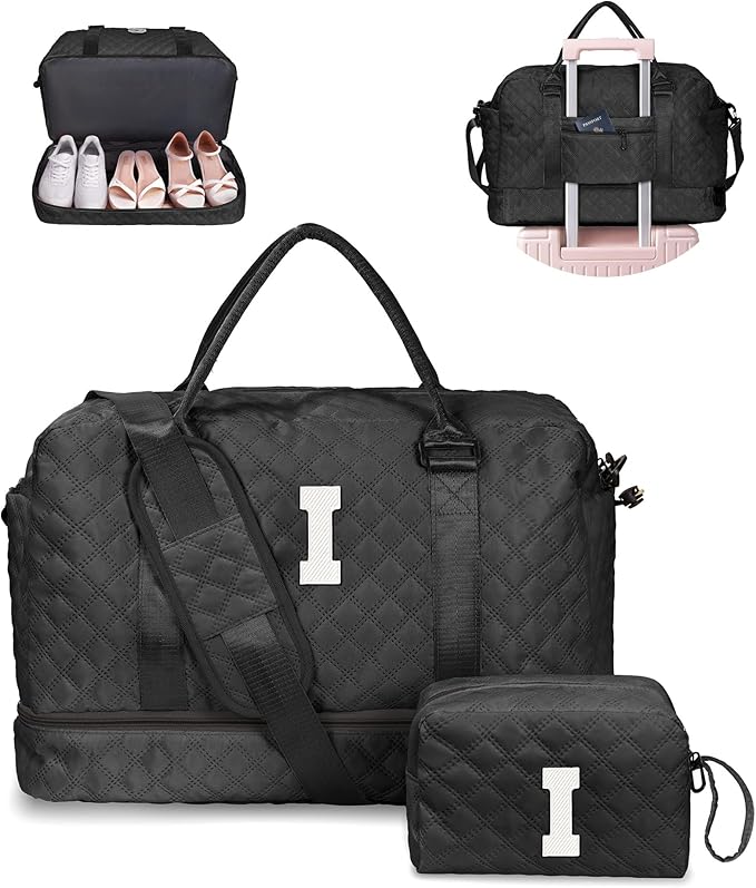 Vogewood Gifts for Friends-Initial Duffle Bag with Shoe Compartment, Personalized Weekender Bag, Monogram Overnight Bag, Travel Bag with Makeup Bag，Birthday Gifts Bag for Daughter Sister (Letter I)