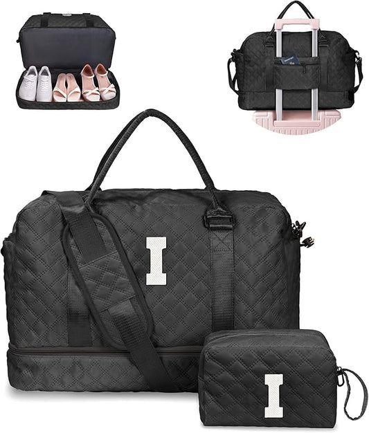 Vogewood Gifts for Friends-Initial Duffle Bag with Shoe Compartment, Personalized Weekender Bag, Monogram Overnight Bag, Travel Bag with Makeup Bag，Birthday Gifts Bag for Daughter Sister (Letter I)