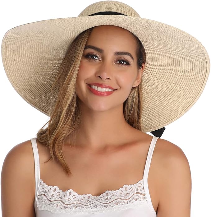 Lanzom Womens Wide Brim Straw Hat Big Floppy Foldable Roll up Cap Beach Sun Hat UPF 50+