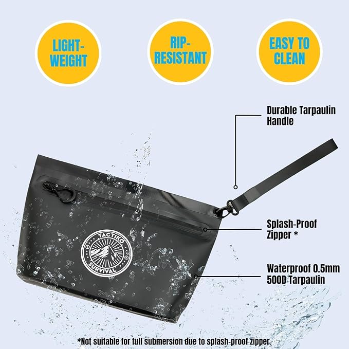 Tactiko 3L Water Resistant Pouch - Waterproof Material w/Splashproof Zipper - Hold All Zipper Bag for Storage, Toiletries, Travel, Beach, Cruise, Home (Black)