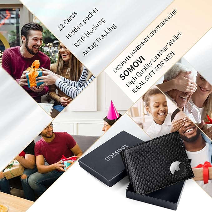 Mens Wallet with AirTag Holder, Genuine Leather Bifold RFID Blocking Wallet for Men - 2 ID Window 13 Cards Holders 1 Gift Box, AirTag Not Included