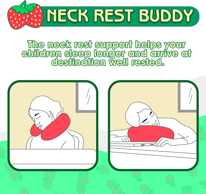 H HOMEWINS Travel Pillow for Kids,Cute Animal Toddler Neck Pillow for Boys Girls,Soft Neck Head Chin Support Pillow,Travel Accessories for Airplane, Car, Train,Recline(Strawberry)