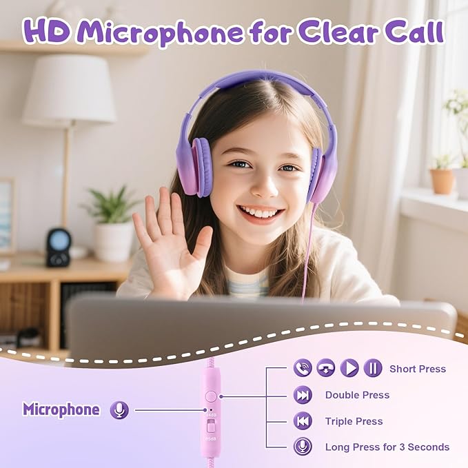 USB Type C Kids Headphones, Wired Headphones for Kids with Microphone 85/94dB Volume Limit, Stereo Sound Portable Over Ear Headphones for School/Travel/Tablet/iPad, Violet Pink