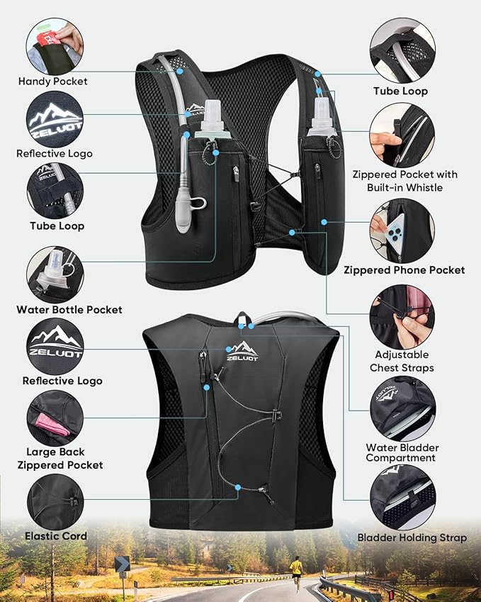 Running Vest for Women Men, USA Original Patent, Lightweight Adjustable Running Hydration Vest with 2L Water Bladder, Reflective Hydration Backpack for Marathon Hiking