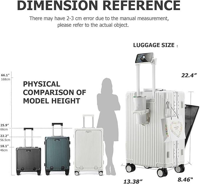 feilario 20in Aluminium Frame PC Hard Shell Spinner Wheels Luggage, Built-In TSA lock Carry on Suitcase, with Cup Holder, USB Port, Phone Holder ﻿