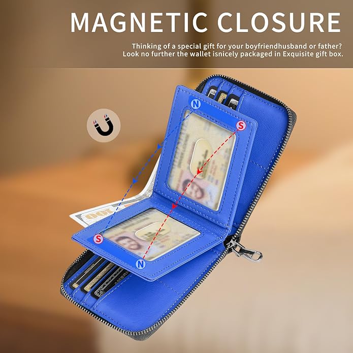 Men’s RFID Blocking Zipper Wallet with 2 ID Windows - Large Capacity Design, 13 Credit Card Slots