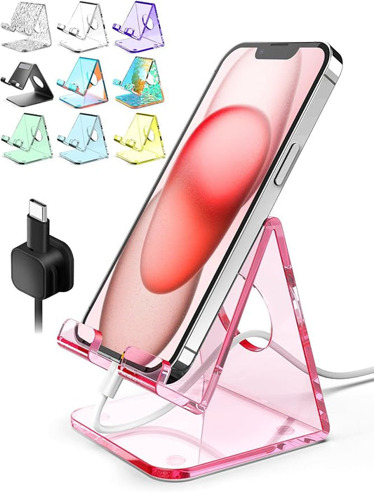 TOPGO Acrylic Cell Phone Stand, Clear Phone Holder for Office Desk, Vanity, Kitchen Counter, Bedside Table, Compatible with iPhone 17 16 15 14 13 12 Pro Max Plus/Smartphones/iPad/Switch/Kindle(Pink)