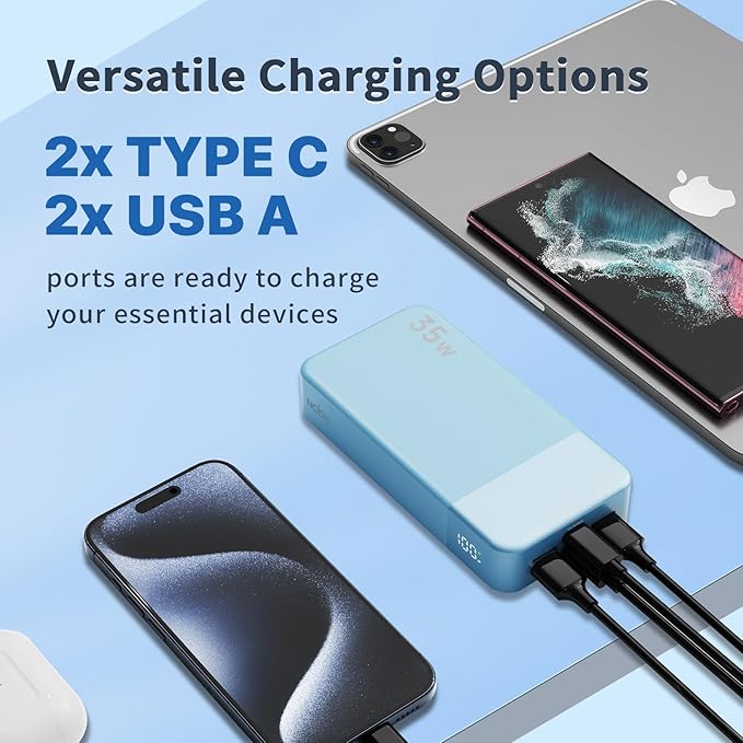 NOBIS Portable Charger, 20000mAh Power Bank, 35W Power Bank Fast Charging, Battery Pack with C to C Cable, Battery Bank with Digital Display for Phone Android etc