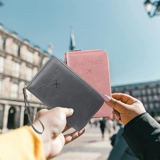 S-11 RFID Blocking Passport Holder Travel Wallet, Slim Zipper Card Case with ID Window, Boarding Pass Slot & Credit Card Organizer for Men and Women. (Brown)