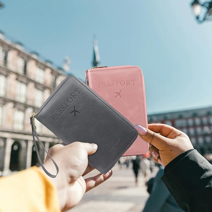 S-11 RFID Blocking Passport Holder Travel Wallet, Slim Zipper Card Case with ID Window, Boarding Pass Slot & Credit Card Organizer for Men and Women. (Pink)