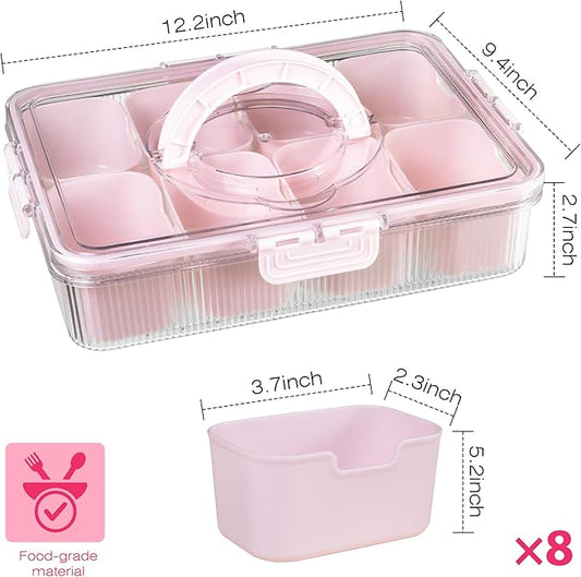 Patent Design Ribbed Snackle Box Container Divided Serving Tray with Lid and Handle -Charcuterie Container Portable Storage Organizer for Candy, Fruit, Beach, Picnics（1 pcs, Pink