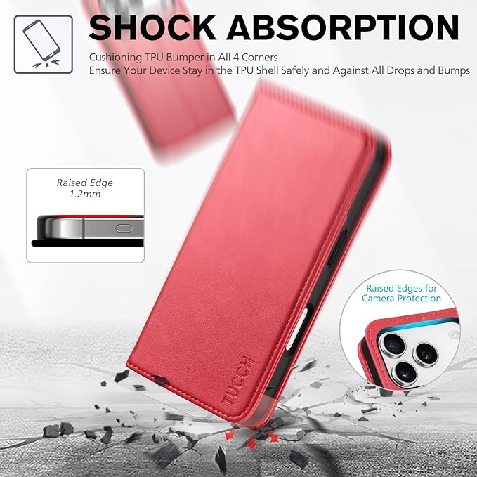 TUCCH Case Wallet for iPhone 17 Pro (6.3") 2025, RFID Blocking, 3 Card Holders, Kickstand, PU Leather, Protective Flip Folio Cover, TPU Shockproof Interior Shell, Bright Red