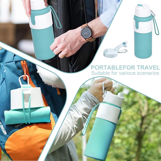 Collapsible Water Bottles for Travel - 26oz BPA-Free Foldable with Carabiner, Lightweight Leak-Proof Design, Portable Reusable Bottle for Hiking, Airplane, Camping (Green)