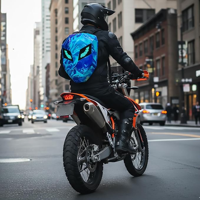 Motorcycle Backpack with LED Eyes, DIY Laptop Backpack for Riding, Cycling, Travel, Waterproof Hard Case Motorbike Bag, Large Size 19" SBlue