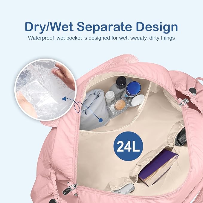 TOPDesign Travel Duffel Bag for Women, Puffer Gym Bag Sports Tote with Wet Pocket, Carry On Weekender with Luggage Sleeve (Baby Pink)