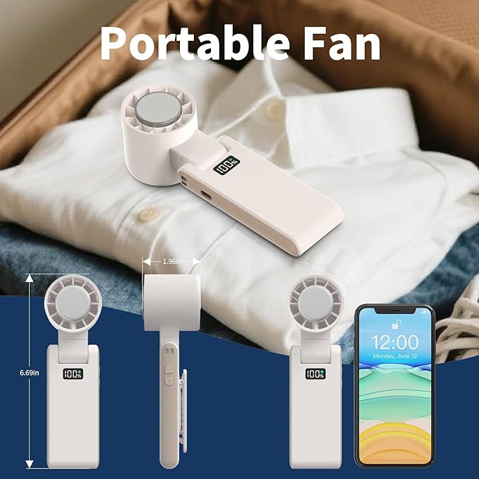 OTPEIR Portable Handheld Turbo Fan with Cooling Tech, Digital Display, 100-Speed Control, Rechargeable 4-in-1 Personal Fan for Travel, Outdoor, Office (White)