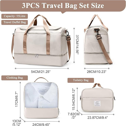 Extra Large Travel Duffle Bag,Carry on Overnight Weekend Bag with Shoes Compartment,Weekender Bags for Women for Travel Business Trips Sport Hospital,3 Pcs Set,Beige & Brown