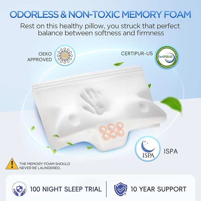 Effective Pain Relief Cervical Neck Pillow for Sleeping, Memory Foam Pillows for Neck Support, Odorless Contour Side Pillow, Ergonomic Bed Pillow for Back Stomach Sleeper (White and Grey)
