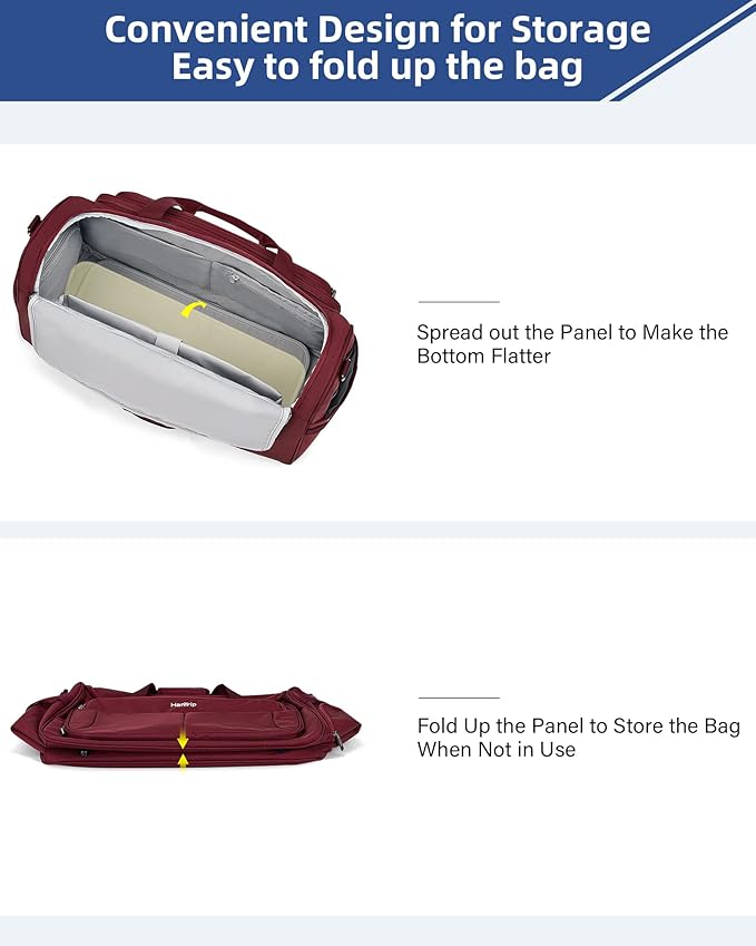 HanTrip Carry on Duffel Bag Foldable Duffle Bags for Travel, Large Personal Item Bags for Airplanes, Weekender Overnight Mens Travel Tote Bag for Women Softside Carry on Luggage (Burgundy)