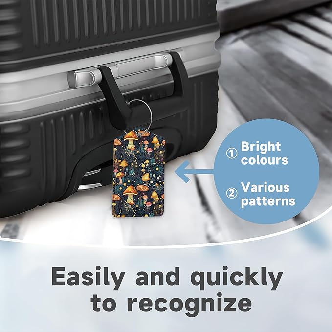 Retro Mushrooms Luggage Tags, 2 Pack Travel Cruise Tags for Suitcases,Cute Identifiers with Privacy Flap, Baggage Tags for Women Men Handbag