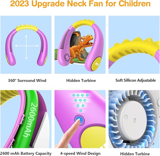 Kids Neck Fan, Portable Bladeless Fans for Kid 4-14Y Girls & Boys, 2600mAh USB Personal Mini Cooling Fan for Travel/Camping/Study, 4 Speeds, Lightweight, Compact, Perfect Summer Gifts for Kids