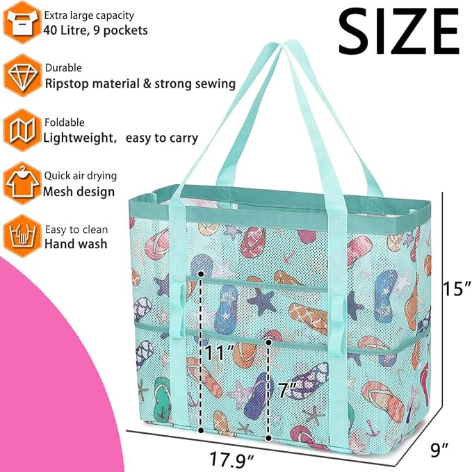 Mesh Beach Bag, Large Beach Tote with Zipper Pocket for Family Pool Bag for Toys & Vacation Essentials