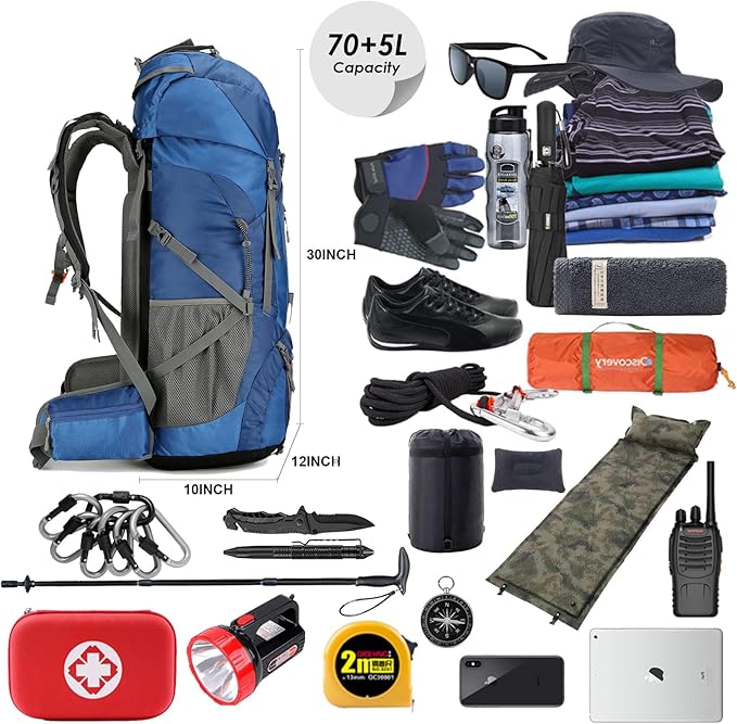 75L Hiking Backpack with Rain Cover Waterproof Camping Backpack Shoes Warehouse for Men Women, Frameless