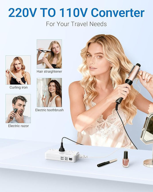 BESTEK Universal Travel Adapter 100-220V to 110V Voltage Converter 250W with 6A 4-Port USB Charging 3 AC Sockets and EU/UK/AU/US/India Worldwide Plug Adapter (03 UK Plug White)