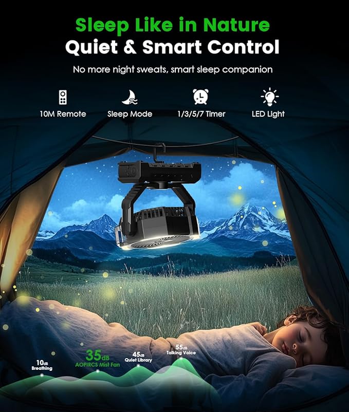 Misting Fan - Portable Battery Powered Fans with 9oz Water Tank, Light, Hook - Rechargeable, 120H Cooling, Last 5H Mist, 4 Speed, Sleep Mode - Outdoor Fan, for Camping, Travel Essentials