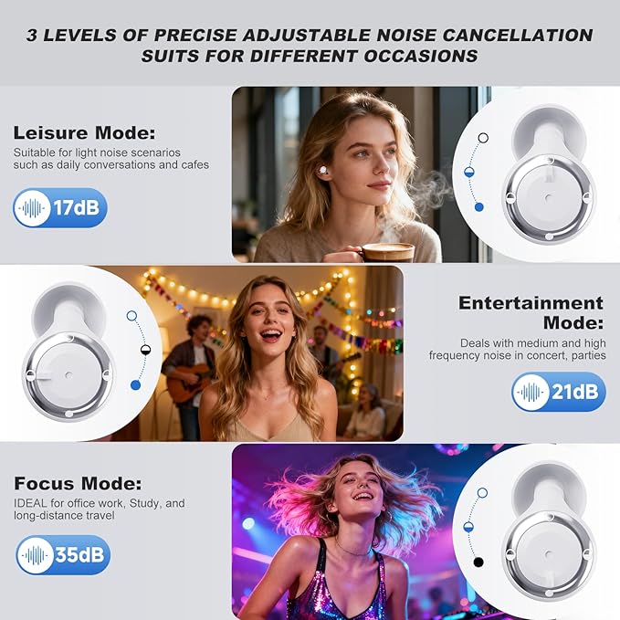 Adjustable Noise Cancelling Earplugs - 3 Modes Noise Reduction Ear Plugs (17-35dB) for Sleeping, Snoring, Travel & Concerts | 7 Pairs Silicone Tips (XS/S/M/L) | Magnetic Carry Case | White