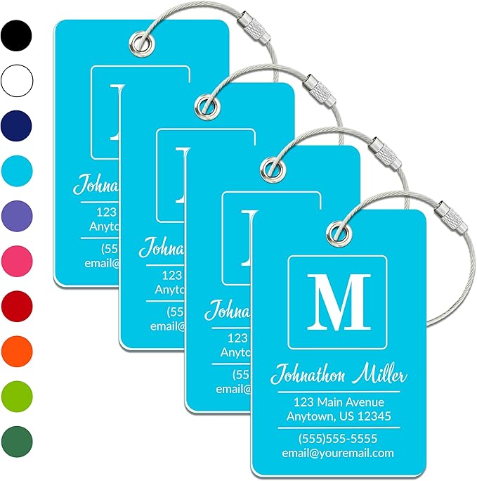 Personalized Luggage Tag | 4 Pack | Custom Luggage Tags for Suitcases | Kids Backpack Tag | 10 Color Options & Choose Font, Font Color