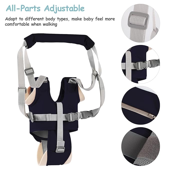 Baby Walking Harness Handheld Baby Walker Assistant Belt Adjustable Toddler Infant Safety Harnesses Standing Up Walking Learning Helper with Detachable Crotch for 9-24 Month Old (Dark Blue)