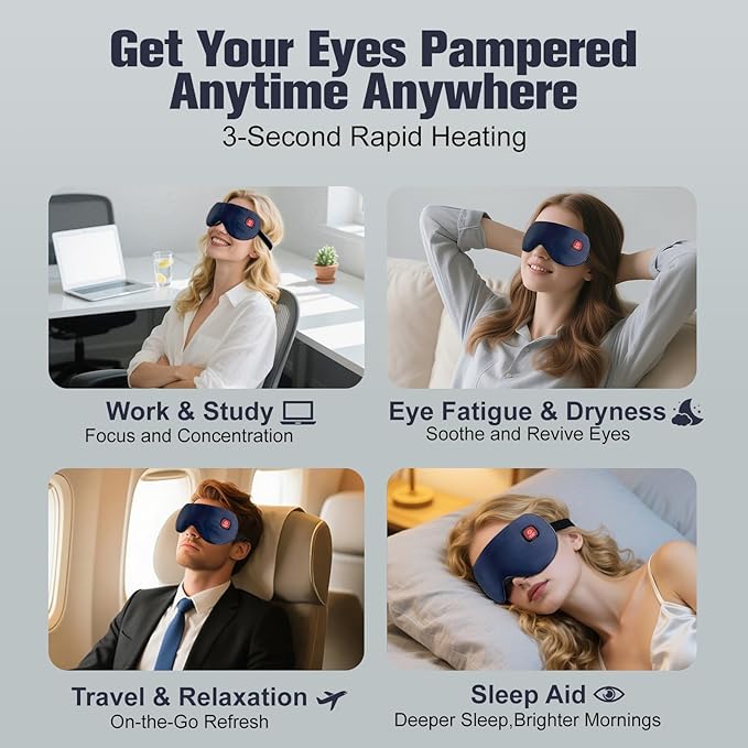 Heated Eye Mask, Rechargeable Detachable Washable Faux Silk Electric Cordless Dry Eyes Warmer Compress Graphene Sleep Mask Travel Gifts for Men Women, 3 Heat Levels & Auto-Off, Dark Blue