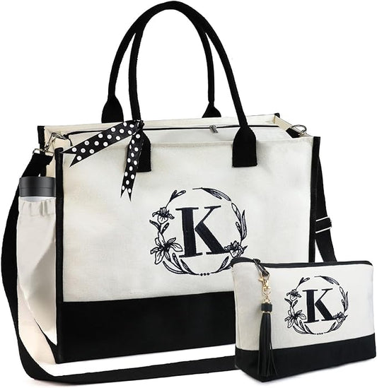 BeeGreen Embroidery Monogram Initial Tote Bag for Women Teacher Mom Friend Personalized Gift for Birthday Beach Work Wedding