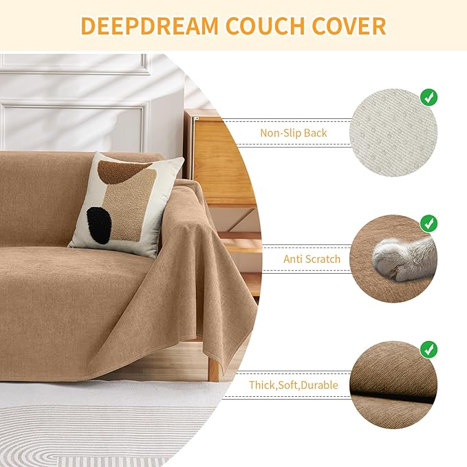 Deep Dream Cat-Scratch Resistant Couch Cover, Waterproof Sofa Cover for 3 Cushion Couch Washable, Pet Friendly Couch Protectors Anti Slip Thickened Love Seat Slipcovers for Dogs Pets,71" x 118",Brown