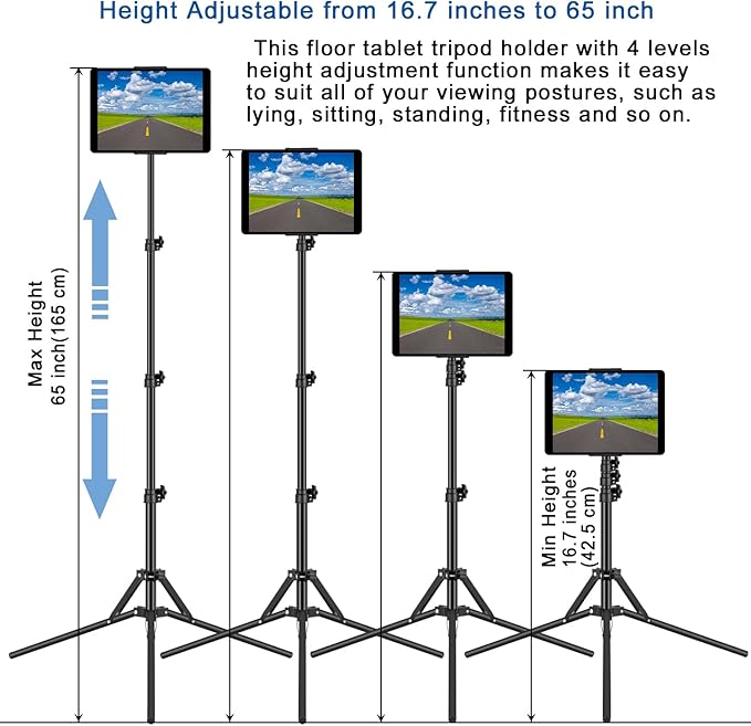 Ipad Tripod Stand, with 65 inch Height Adjustable iPad Stand Holder & iPad Floor Stand with 360° Rotating iPad Tripod Mount for iPad Pro, iPhone, Kindle, and All 4.5-12.9 Inch Tablets