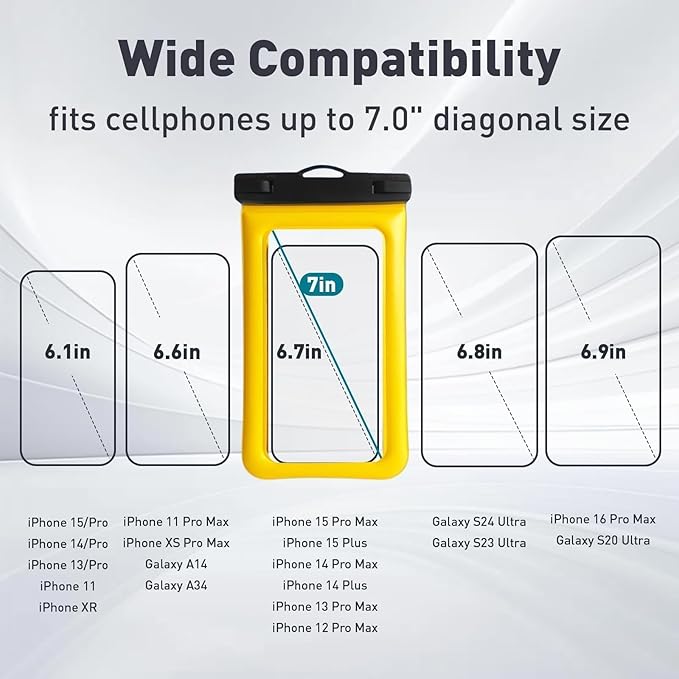 Floatable Soap Bubble Waterproof Phone Pouch/Case with Crossbody Lanyard for iPhone 17 16 Pro Max/15 Pro/14/13/12, IP68 Cellphone Dry Bag Beach Cruise Ship Essentials, 1 Pack-Yellow-7″