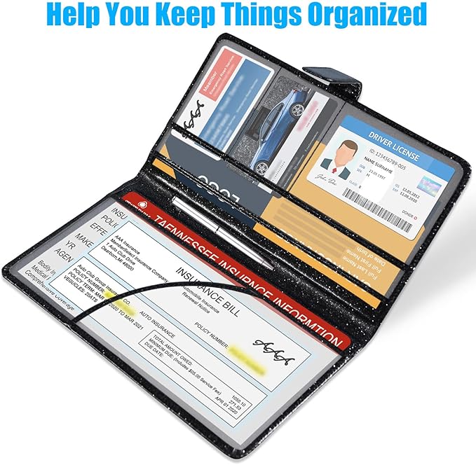 DMLuna Car Registration and Insurance Holder, Leather Vehicle Card Document Glove Box Organizer, Auto Truck Compartment Accessories for Essential Information, Driver License Cards, Glitter Black