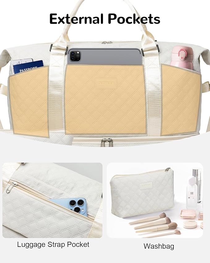 50L Large Travel Duffel Bag with Shoe Compartment & Toiletry Bag for Women, Overnight Bags with Wet Pocket,White