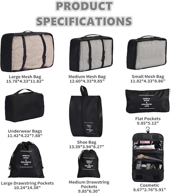 Packing Cubes Storage Bags 9 Pieces-Luggage Organizers Classify Store Clothing Efficiently for Travel Outdoor Home (Black, 9 Pieces)