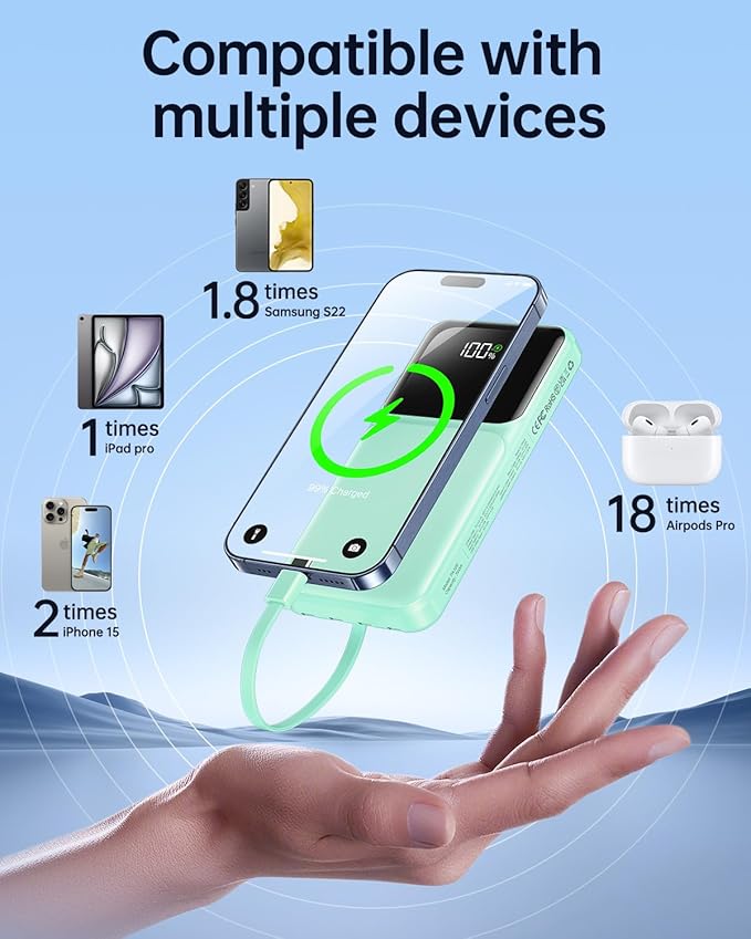Portable Charger with Built in Cable - Power Bank Fast Charging USB C LED Display 10000mah Battery Pack 5 Outputs & 3 Inputs for Travel Essentials iPhone Samsung Android Phones Tablets Cyan