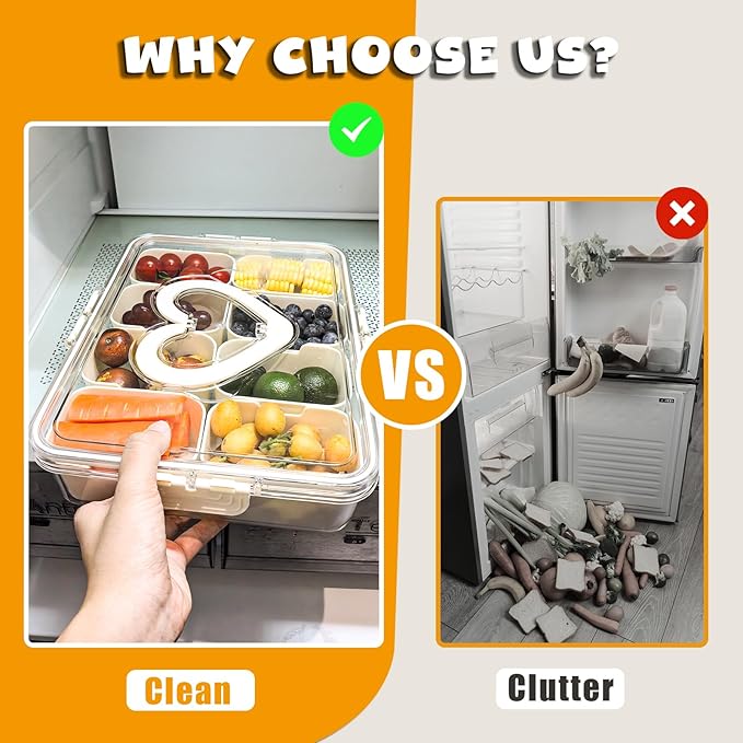 Snackle Box Container, 8 Compartments Divided Serving Tray With Lid And Handle,Reusable Portable Snack Containers For Candy Fruits Nuts Snack, Travel Snack Box(White)