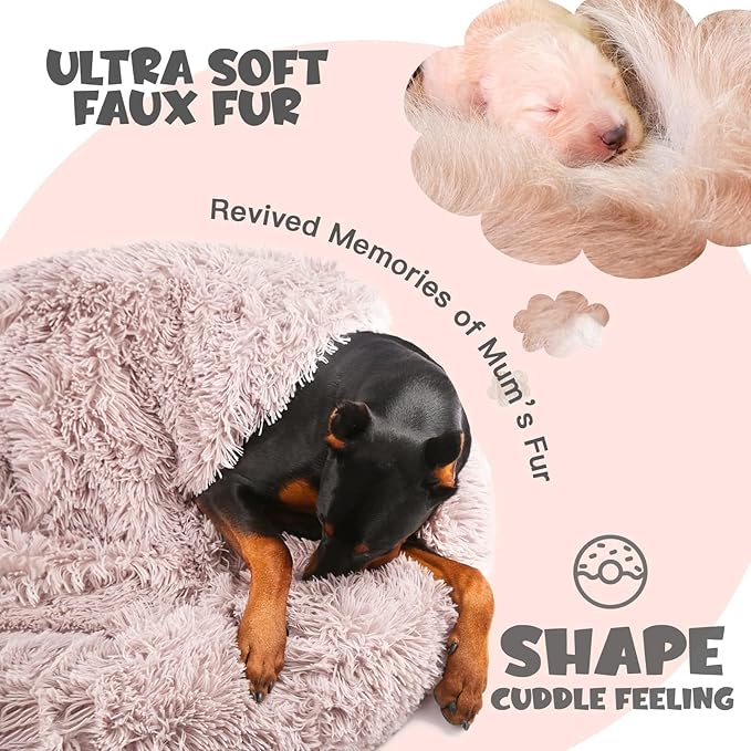 Himax Dog Beds for Large Dogs, Donut Dogs Beds with Blanket Attached, Calming Dog Bed Washable (20"/26"/35") Beige