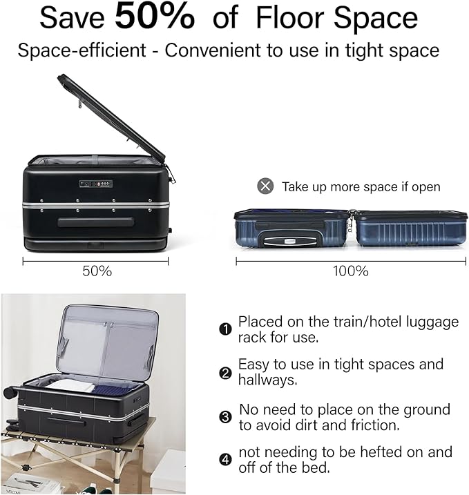 Hanke Top Opening Carry On Luggage, 20 Inch Zipperless Aluminum Frame Wide Handle Luggage, All-PC Hard Shell Trunk Suitcase with Spinner Wheels, TSA Airline Approved (Jet Black, 40L)