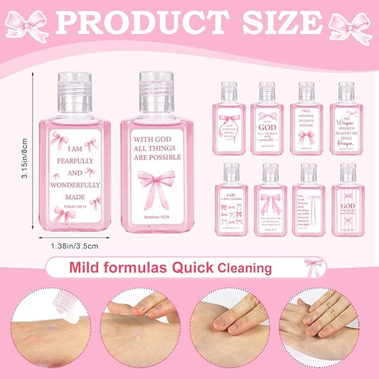 50 Pcs Christian Mini Hand Sanitizer Bulk Coquette Pink Bible Verse Hand Sanitizer Pink Bow Religious Inspirational Favors 1fl oz Travel Size Hand Soap Gift for Christmas Christian Party Supplies
