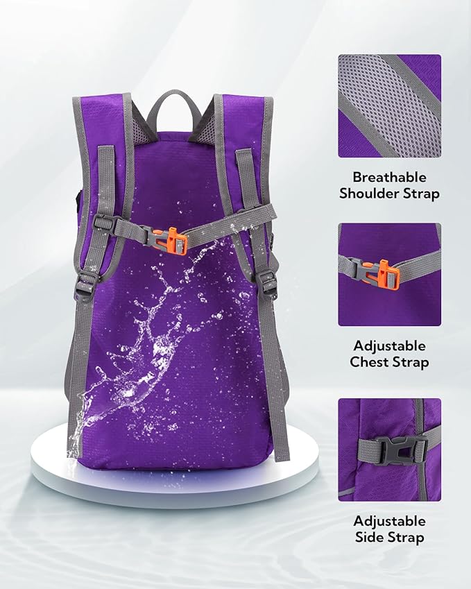 WATERFLY Hiking Packable Daypack Backpack: 25L Ultra Lightweight Day Pack for Woman Man - Small Compact Folding Back Pack for Outdoor Sport Cycling Camping Travel Trip - Purple