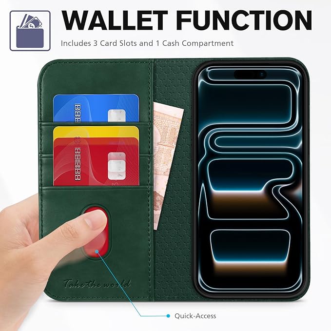 TUCCH Wallet Case for iPhone 17 Pro Max (6.9") 2025, 3 Credit Card Holders, RFID Blocking, Stand, PU Leather, Shockproof TPU Interior Shell, Protective Flip Folio Cover, Midnight Green