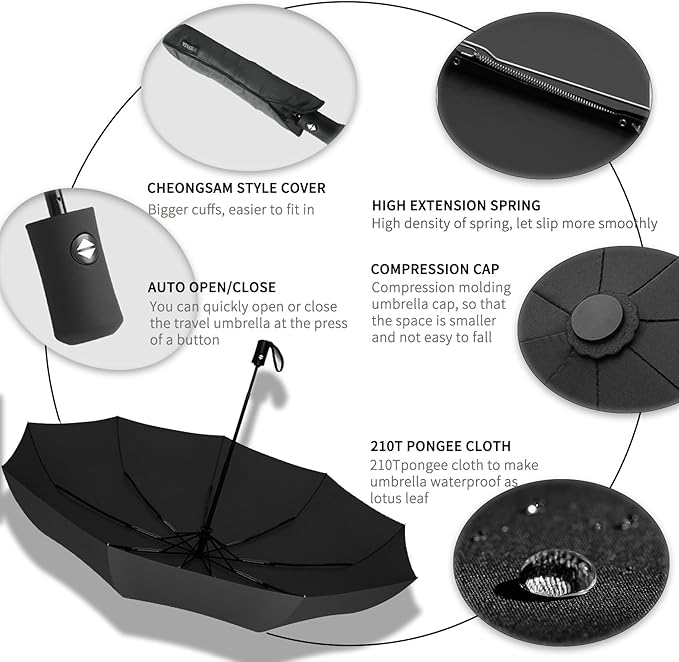 SIEPASA Two Packs Auto Open & Close Small Travel Umbrella Compact for Backpack-Umbrellas for Rain, Windproof Lightweight Strong Mini Portable Umbrellas for Men and Women.(Black, 2 Pack)